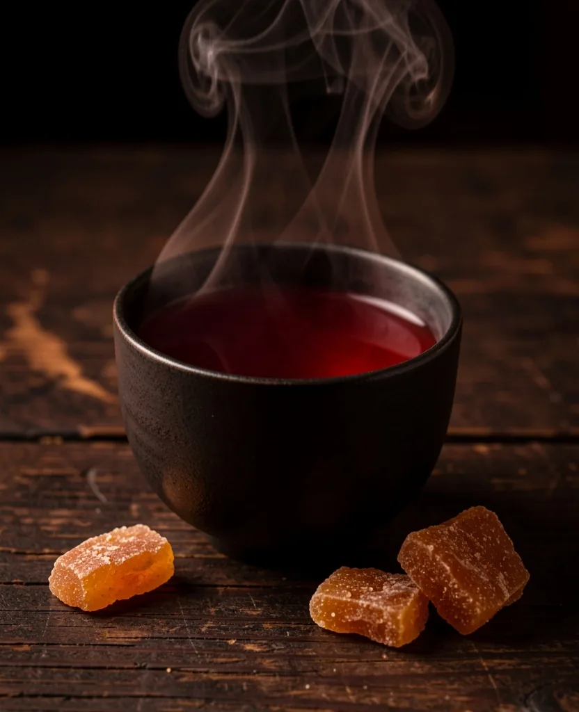 Seduhan teh jahe merah dengan gula aren di atas kayu gelap