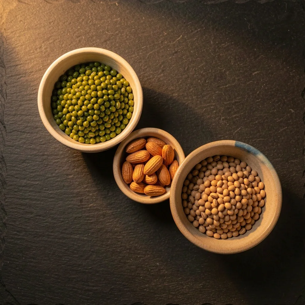 Tiga mangkuk berisi kacang hijau, kacang tanah, dan kedelai