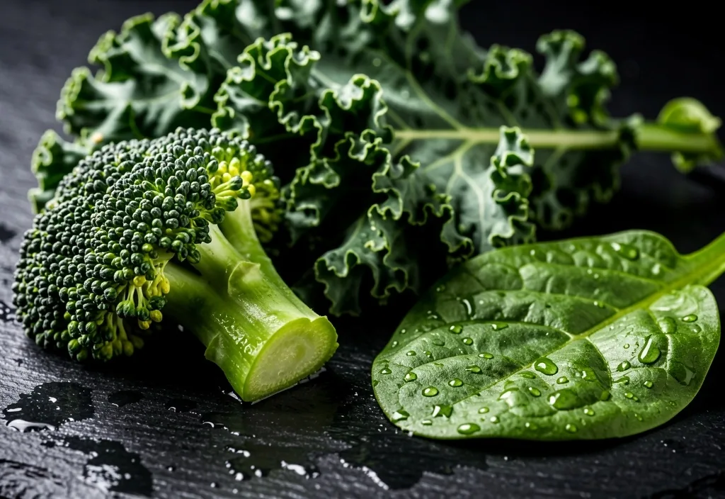 Brokoli, bayam, dan kangkung segar di atas permukaan batu basah