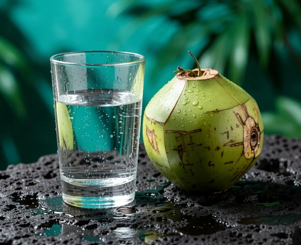 Gelas air mineral dan kelapa muda di atas batu basah