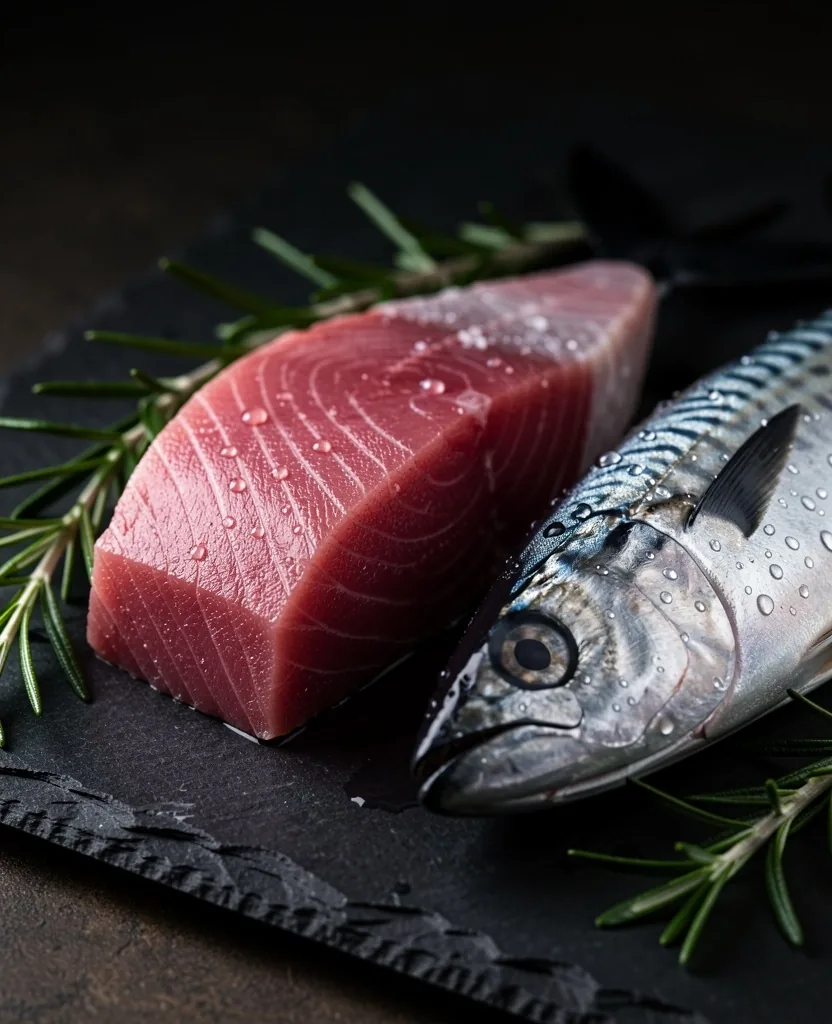 Ikan tuna dan kembung segar di atas papan potong batu