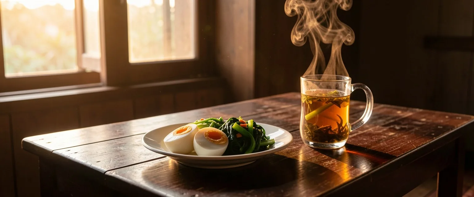 Meja sarapan sehat saat fajar dengan cahaya pagi