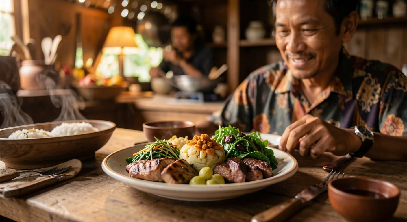 Sebuah papan makanan sehat berisi ikan bakar, ubi jalar, brokoli kukus, dan alpukat