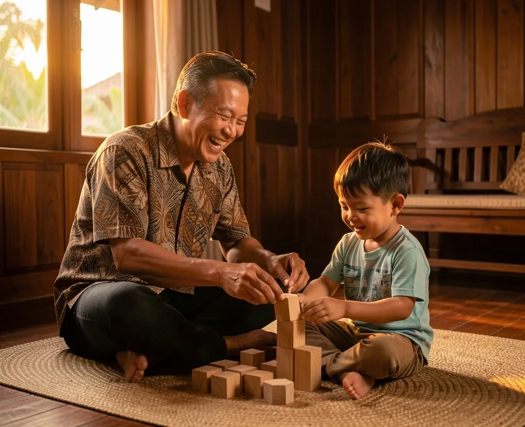Ayah bermain bersama anak di rumah sore hari