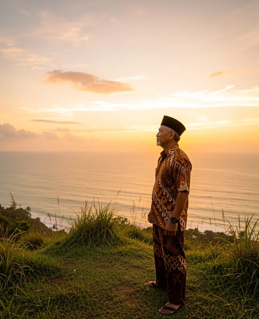 Pria dewasa menikmati alam terbuka di atas bukit dekat Makassar