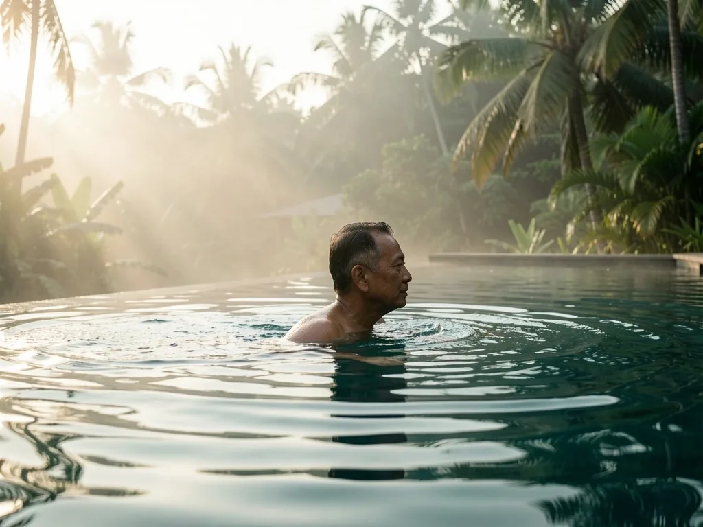 Pria dewasa berenang di kolam renang pagi hari