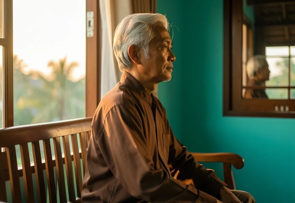 Pria dewasa duduk tenang di pagi hari dekat jendela