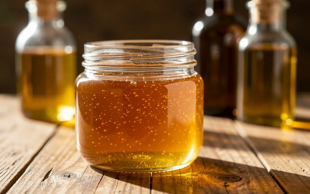 Toples madu mentah di atas kayu gelap