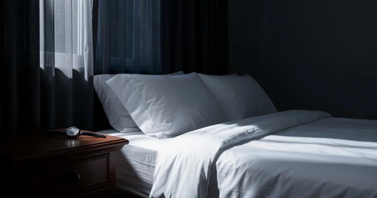 Kamar tidur tenang dengan suasana gelap dan sejuk