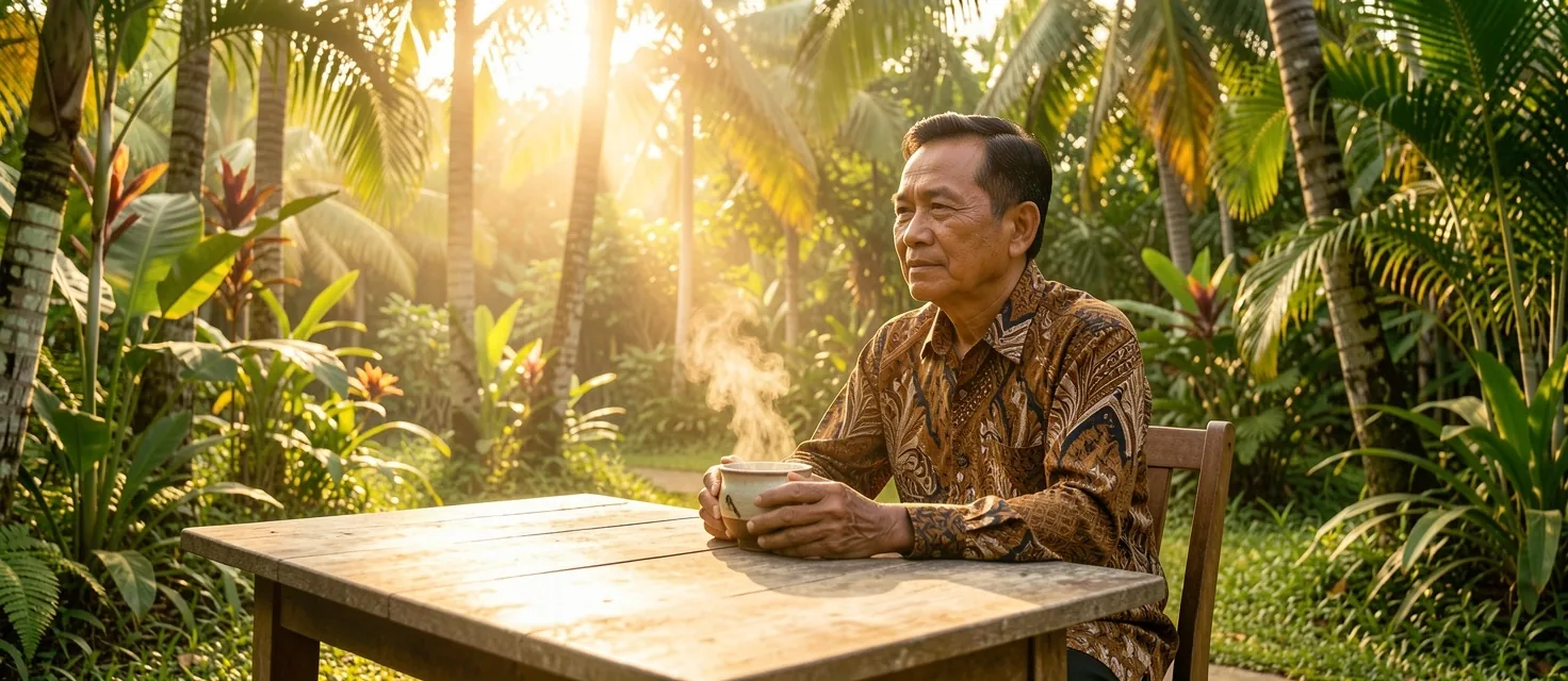Pria dewasa menikmati minuman hangat di taman pagi hari