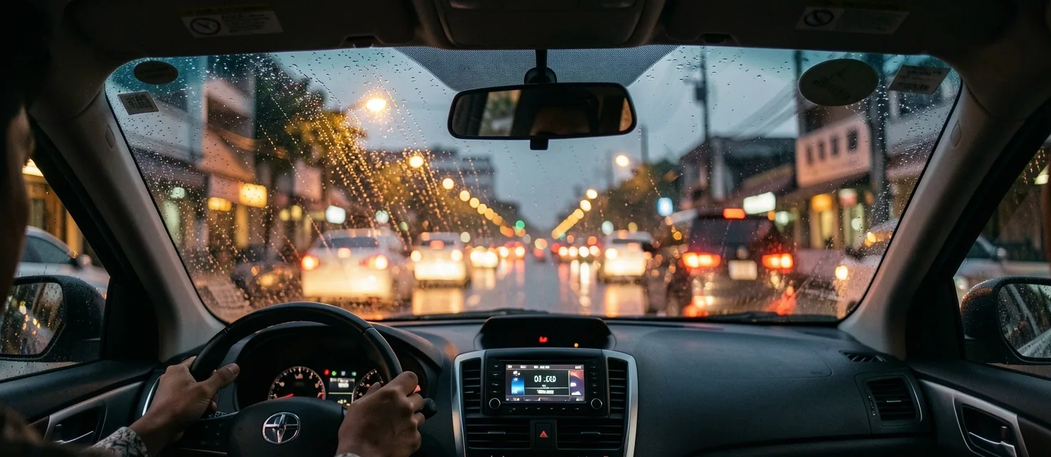 Suasana jalan kota saat senja dengan hujan rintik