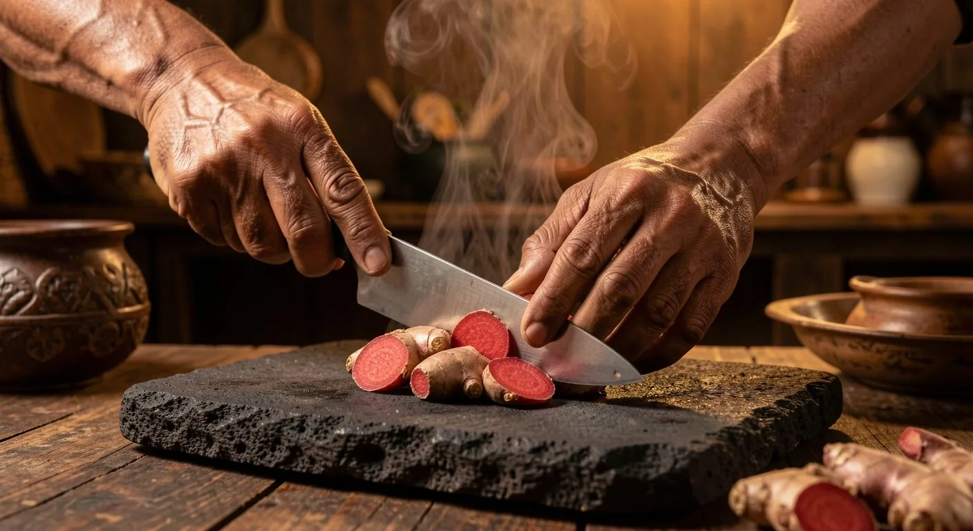 Tangan memotong jahe merah di atas permukaan batu gelap