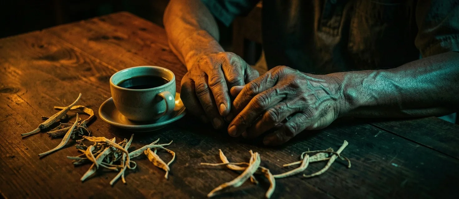 Tangan pria dewasa di meja kayu gelap dengan kopi dan bahan herbal